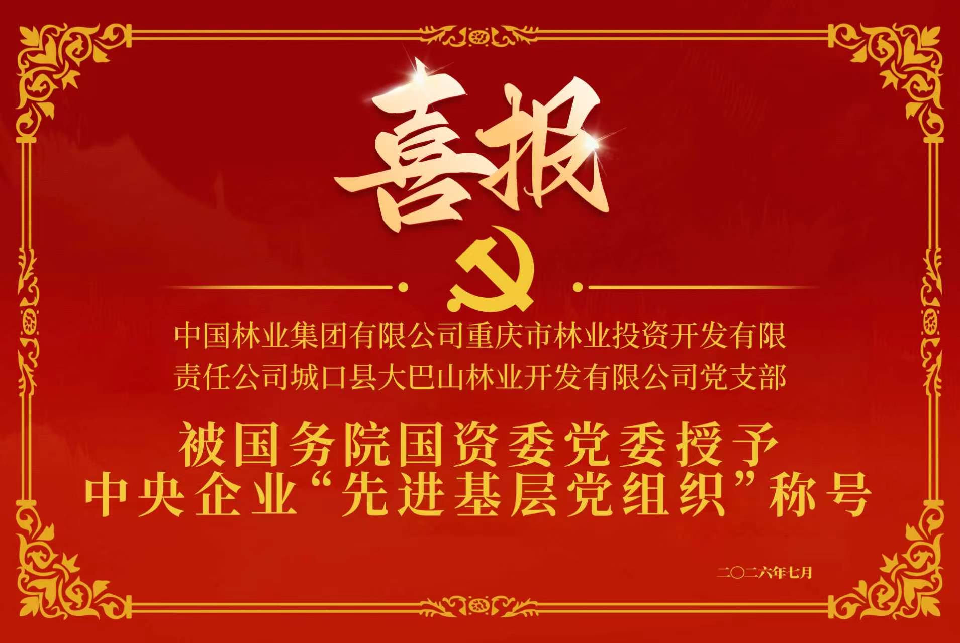 喜报！重庆林投大巴山公司党支部获评中央企业“先进基层党组织”荣誉称号